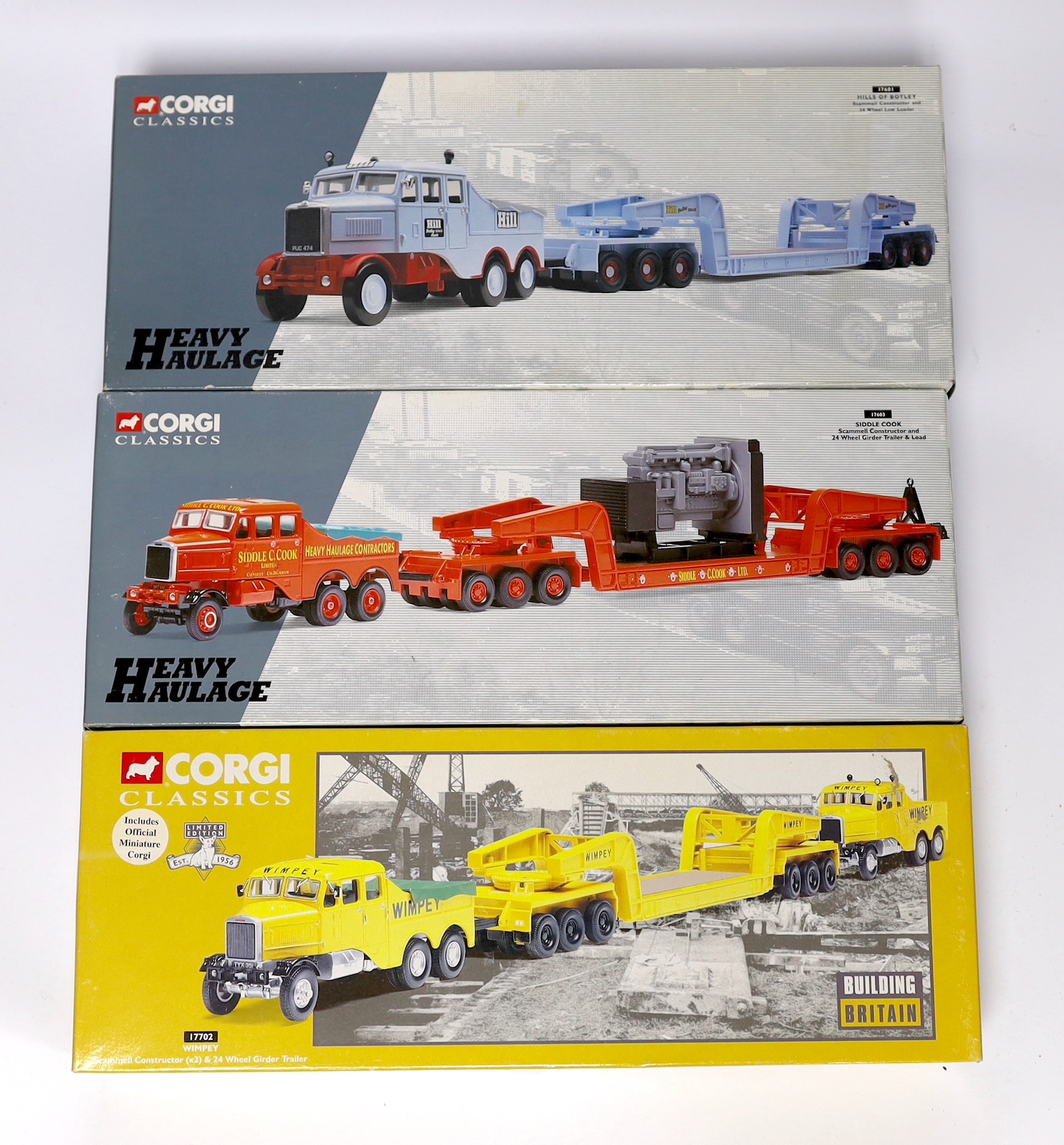 Three boxed Corgi Classics including two Heavy Haulage Scammell Constructors and low loaders (17601 and 17603) and a Building Britain Scammell two-vehicle set (17702)